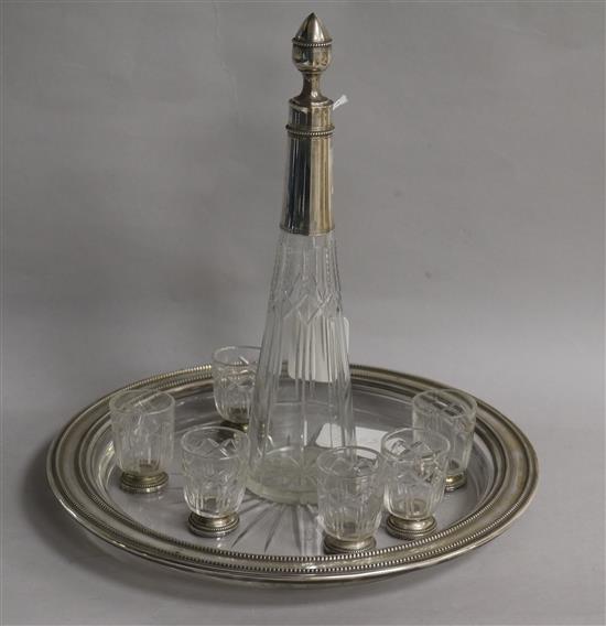 A French 800 standard silver-mounted cut glass liqueur set, H 28cm (decanter)